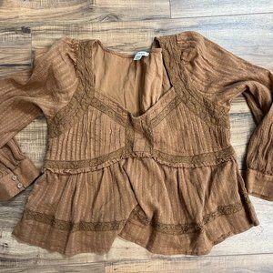 American Eagle Cotton Lace Long Sleeve Cropped Ruffle Shirt